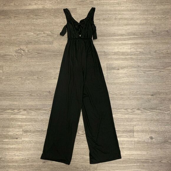 Capella Long Jumpsuit Women's Size M Black Open Front Tie Wide Leg Stretch - Picture 6 of 10